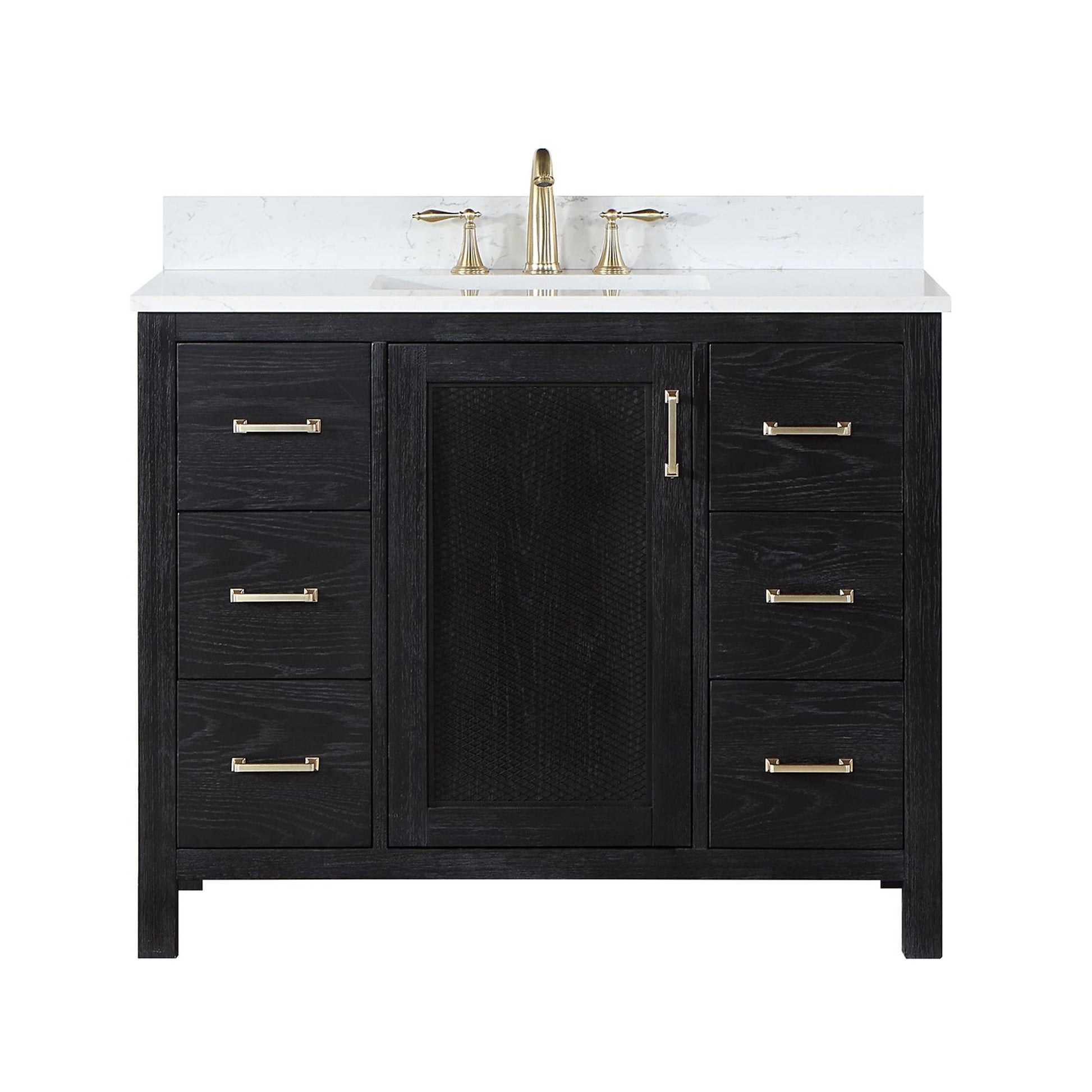 Altair Hadiya 42" Single Black Oak Freestanding Bathroom Vanity Set With Elegant Aosta White Composite Stone Top, Rectangular Undermount Ceramic Sink, Overflow, and Backsplash