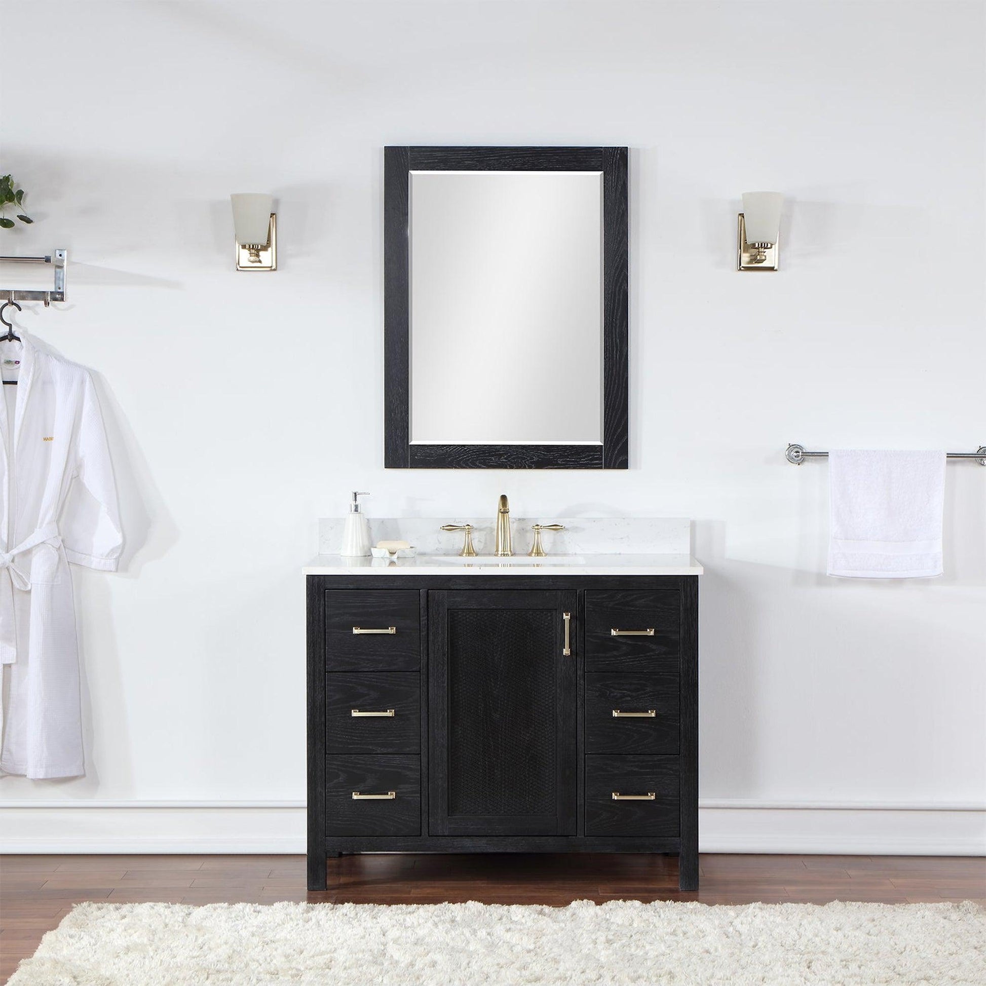 Altair Hadiya 42" Single Black Oak Freestanding Bathroom Vanity Set With Mirror, Elegant Aosta White Composite Stone Top, Rectangular Undermount Ceramic Sink, Overflow, and Backsplash