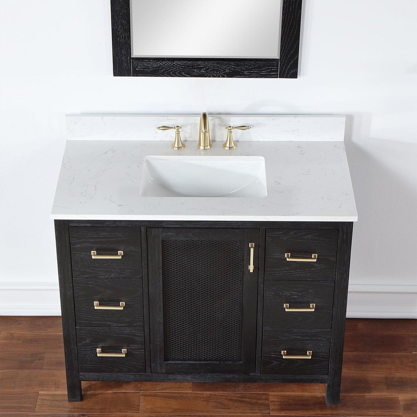 Altair Hadiya 42" Single Black Oak Freestanding Bathroom Vanity Set With Mirror, Elegant Aosta White Composite Stone Top, Rectangular Undermount Ceramic Sink, Overflow, and Backsplash