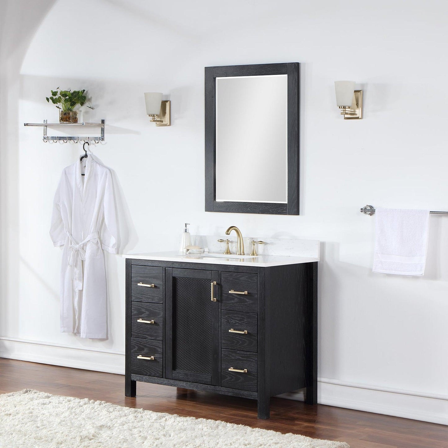 Altair Hadiya 42" Single Black Oak Freestanding Bathroom Vanity Set With Mirror, Elegant Aosta White Composite Stone Top, Rectangular Undermount Ceramic Sink, Overflow, and Backsplash