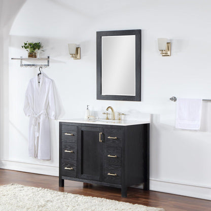 Altair Hadiya 42" Single Black Oak Freestanding Bathroom Vanity Set With Mirror, Elegant Aosta White Composite Stone Top, Rectangular Undermount Ceramic Sink, Overflow, and Backsplash