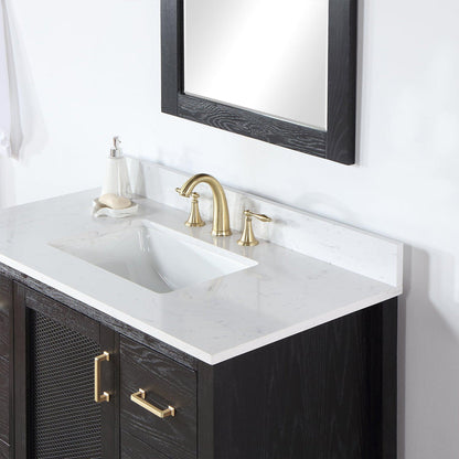 Altair Hadiya 42" Single Black Oak Freestanding Bathroom Vanity Set With Mirror, Elegant Aosta White Composite Stone Top, Rectangular Undermount Ceramic Sink, Overflow, and Backsplash