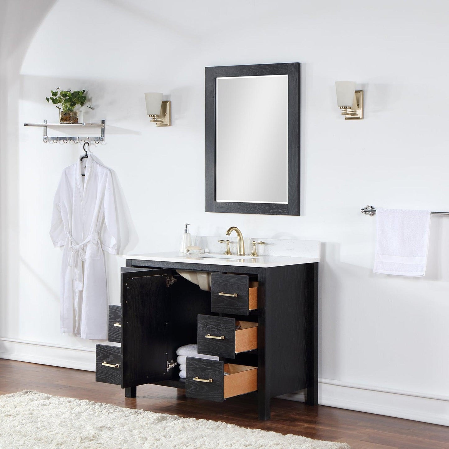 Altair Hadiya 42" Single Black Oak Freestanding Bathroom Vanity Set With Mirror, Elegant Aosta White Composite Stone Top, Rectangular Undermount Ceramic Sink, Overflow, and Backsplash