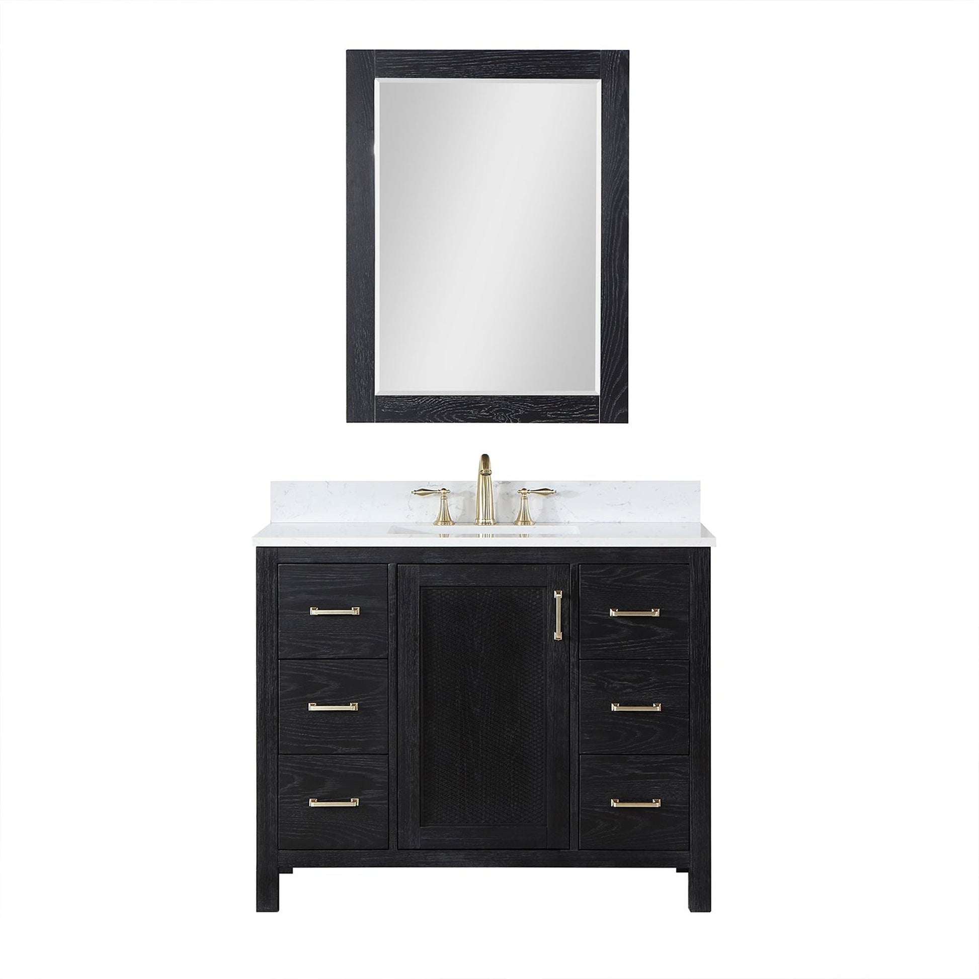 Altair Hadiya 42" Single Black Oak Freestanding Bathroom Vanity Set With Mirror, Elegant Aosta White Composite Stone Top, Rectangular Undermount Ceramic Sink, Overflow, and Backsplash