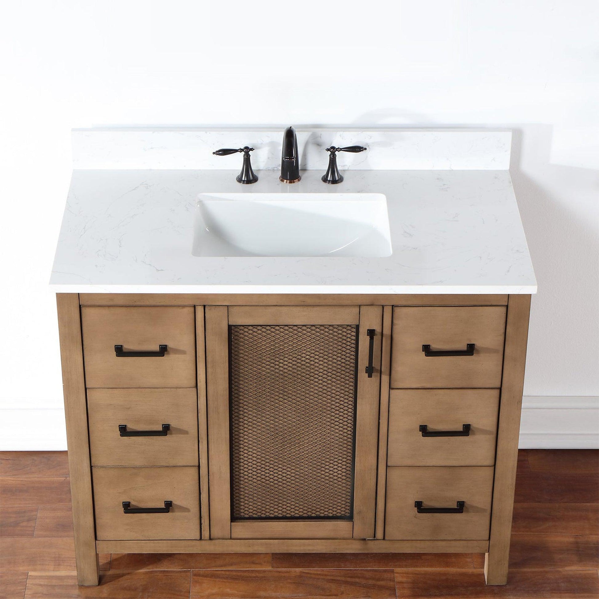 Altair Hadiya 42" Single Brown Pine Freestanding Bathroom Vanity Set With Elegant Aosta White Composite Stone Top, Rectangular Undermount Ceramic Sink, Overflow, and Backsplash