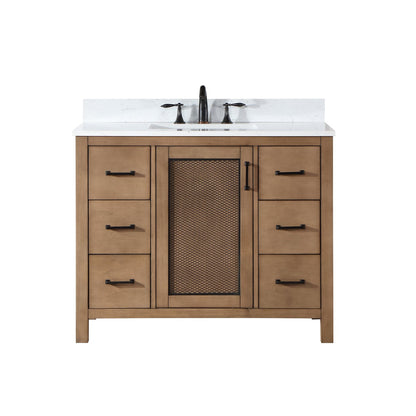 Altair Hadiya 42" Single Brown Pine Freestanding Bathroom Vanity Set With Elegant Aosta White Composite Stone Top, Rectangular Undermount Ceramic Sink, Overflow, and Backsplash