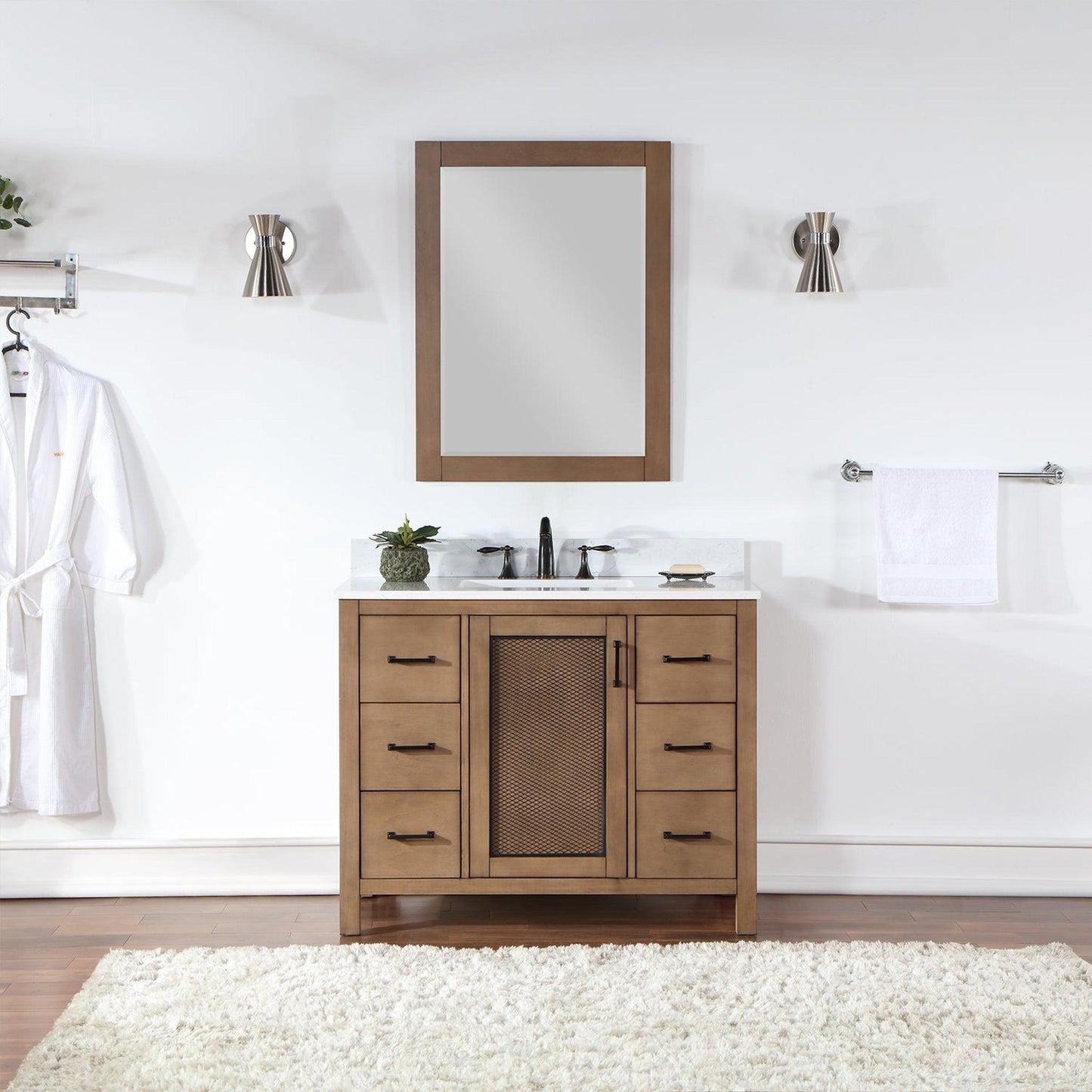 Altair Hadiya 42" Single Brown Pine Freestanding Bathroom Vanity Set With Mirror, Elegant Aosta White Composite Stone Top, Rectangular Undermount Ceramic Sink, Overflow, and Backsplash