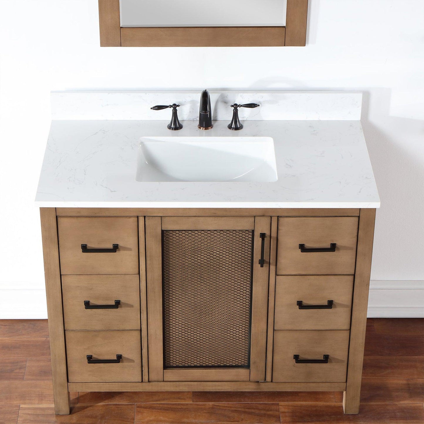Altair Hadiya 42" Single Brown Pine Freestanding Bathroom Vanity Set With Mirror, Elegant Aosta White Composite Stone Top, Rectangular Undermount Ceramic Sink, Overflow, and Backsplash