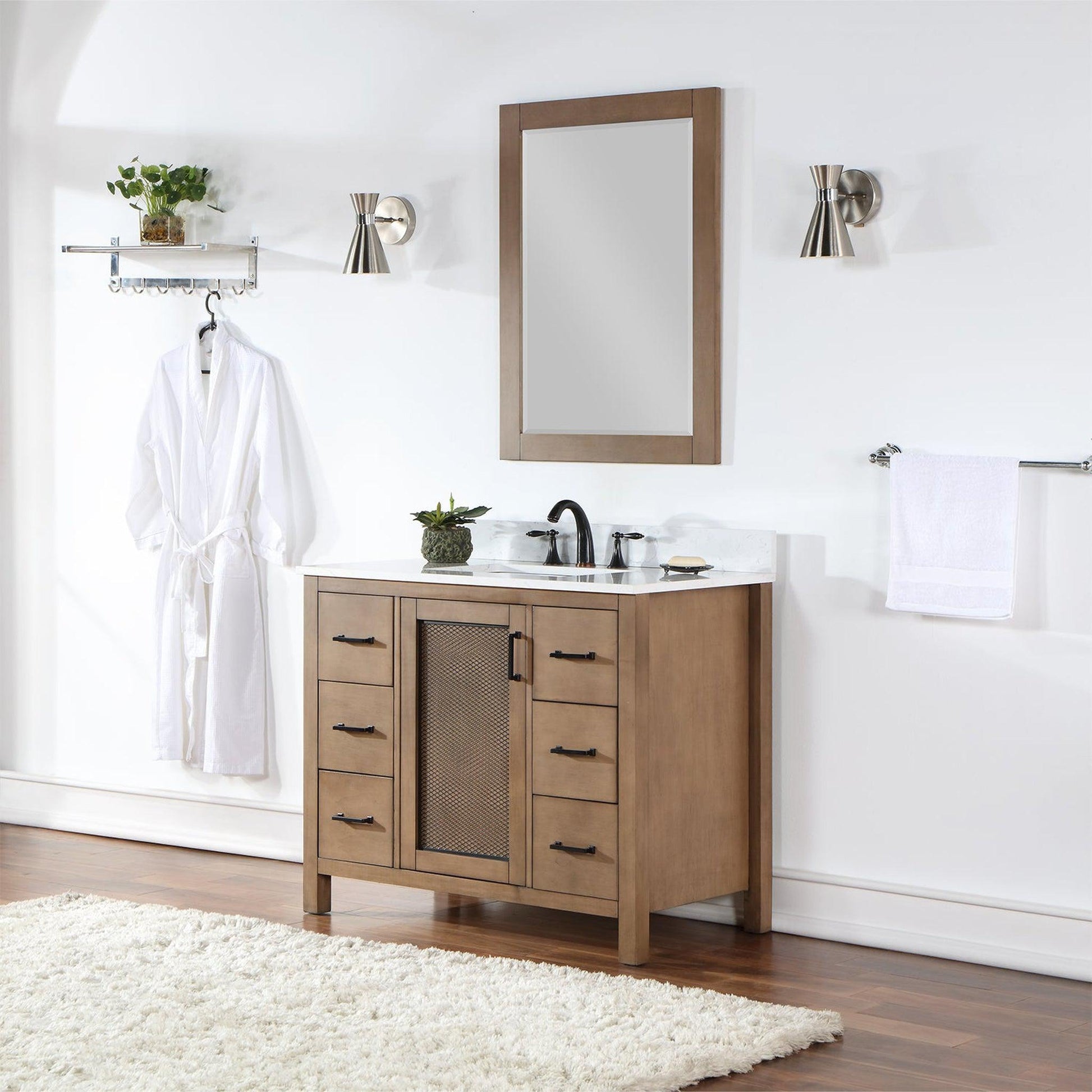 Altair Hadiya 42" Single Brown Pine Freestanding Bathroom Vanity Set With Mirror, Elegant Aosta White Composite Stone Top, Rectangular Undermount Ceramic Sink, Overflow, and Backsplash
