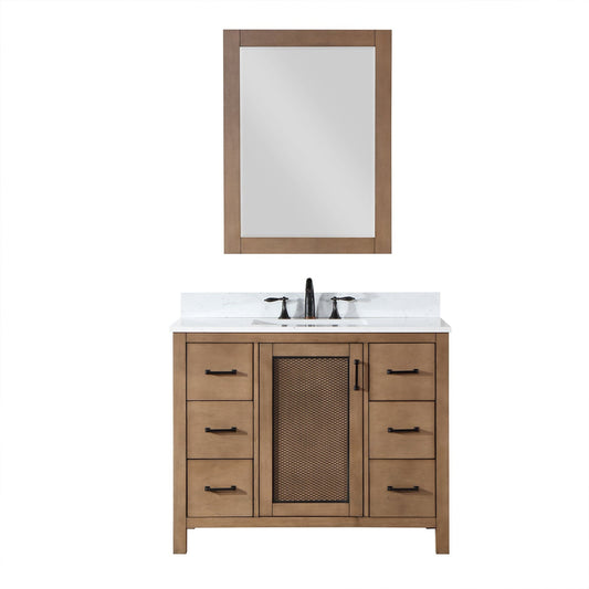 Altair Hadiya 42" Single Brown Pine Freestanding Bathroom Vanity Set With Mirror, Elegant Aosta White Composite Stone Top, Rectangular Undermount Ceramic Sink, Overflow, and Backsplash