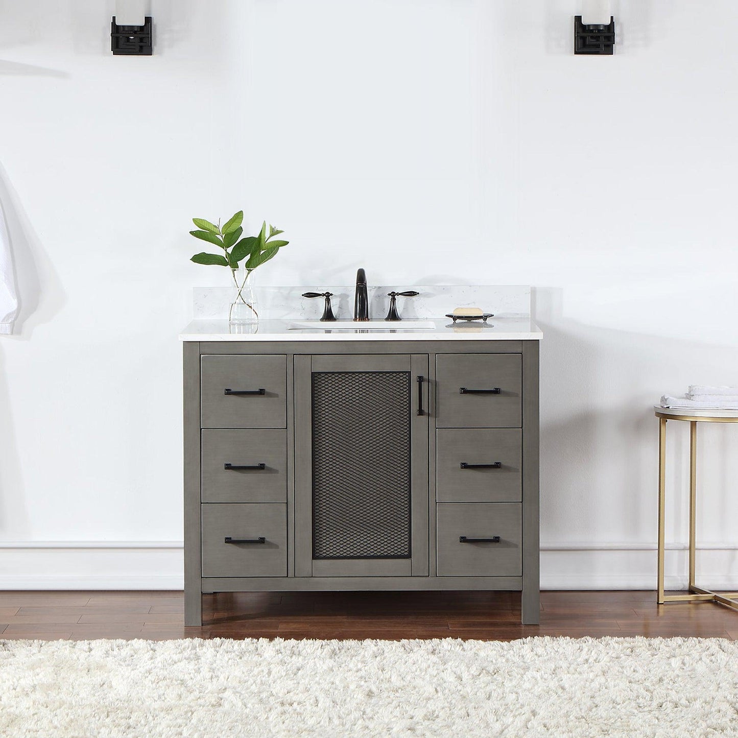 Altair Hadiya 42" Single Gray Pine Freestanding Bathroom Vanity Set With Elegant Aosta White Composite Stone Top, Rectangular Undermount Ceramic Sink, Overflow, and Backsplash