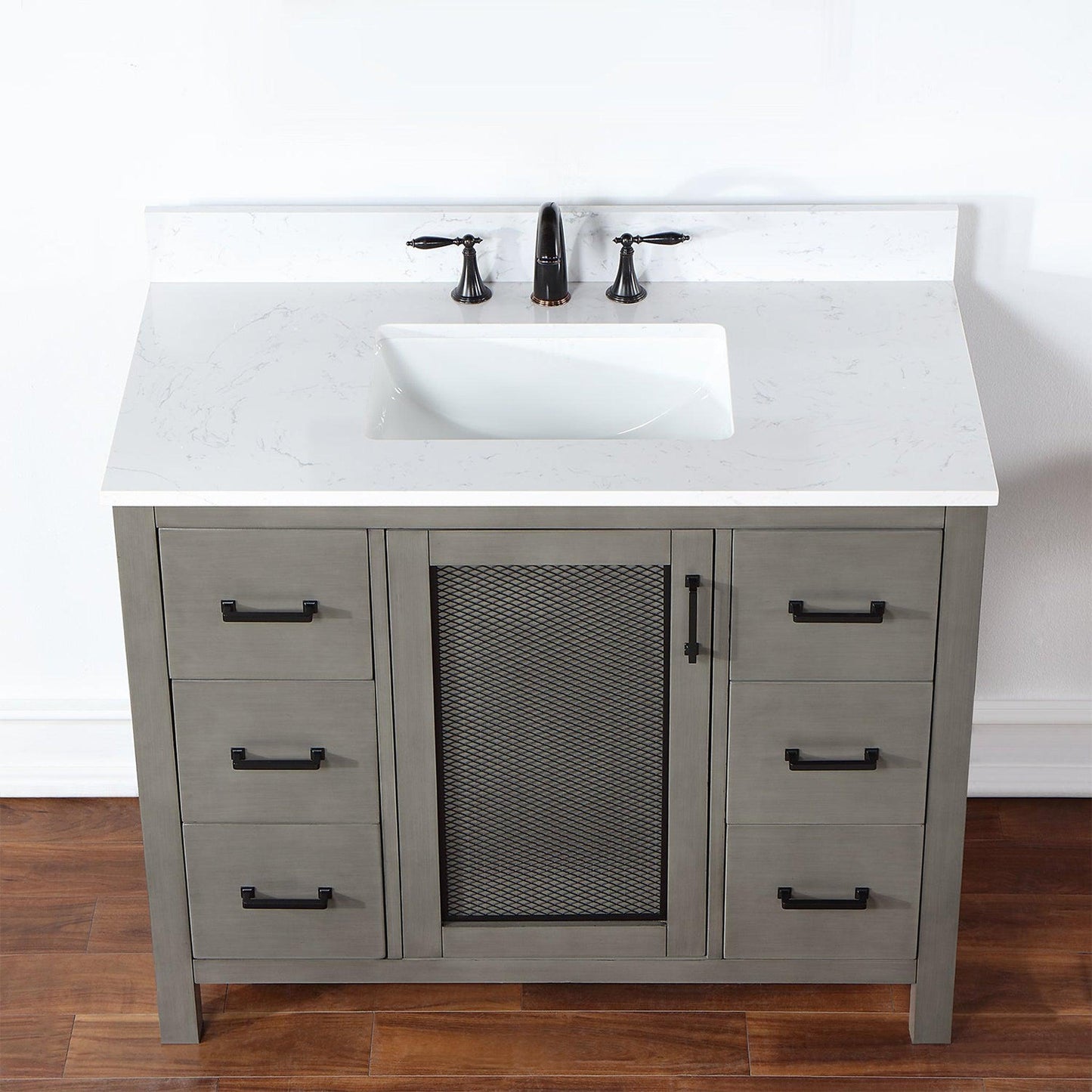 Altair Hadiya 42" Single Gray Pine Freestanding Bathroom Vanity Set With Elegant Aosta White Composite Stone Top, Rectangular Undermount Ceramic Sink, Overflow, and Backsplash