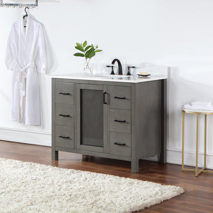 Altair Hadiya 42" Single Gray Pine Freestanding Bathroom Vanity Set With Elegant Aosta White Composite Stone Top, Rectangular Undermount Ceramic Sink, Overflow, and Backsplash