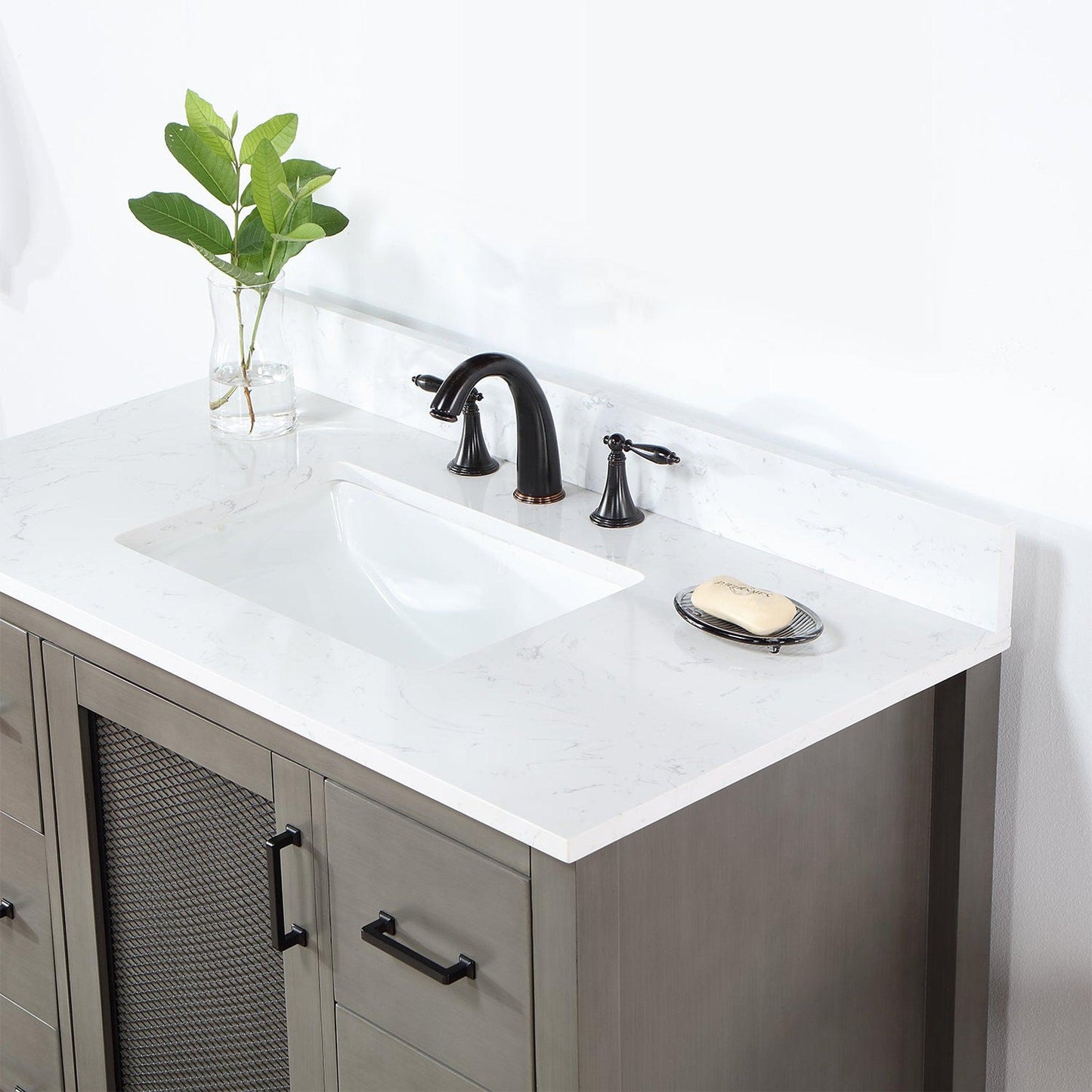 Altair Hadiya 42" Single Gray Pine Freestanding Bathroom Vanity Set With Elegant Aosta White Composite Stone Top, Rectangular Undermount Ceramic Sink, Overflow, and Backsplash