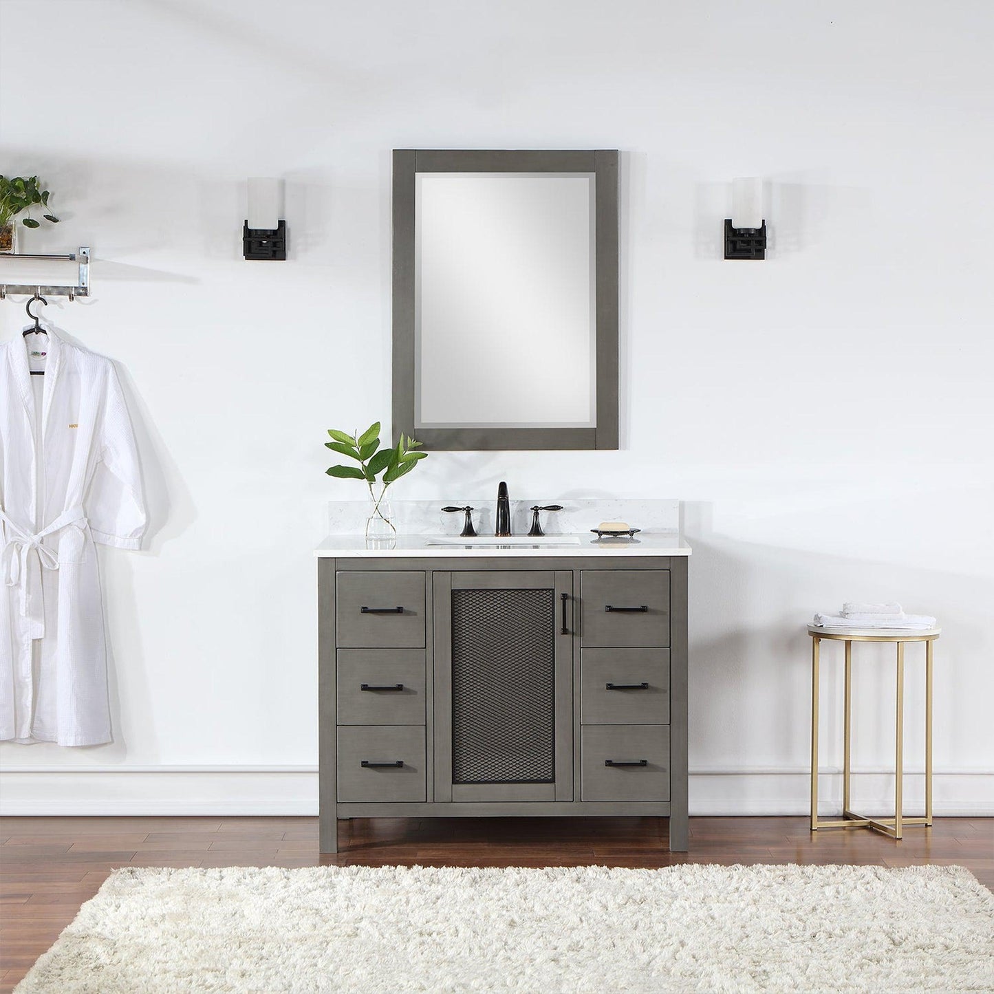 Altair Hadiya 42" Single Gray Pine Freestanding Bathroom Vanity Set With Mirror, Elegant Aosta White Composite Stone Top, Rectangular Undermount Ceramic Sink, Overflow, and Backsplash