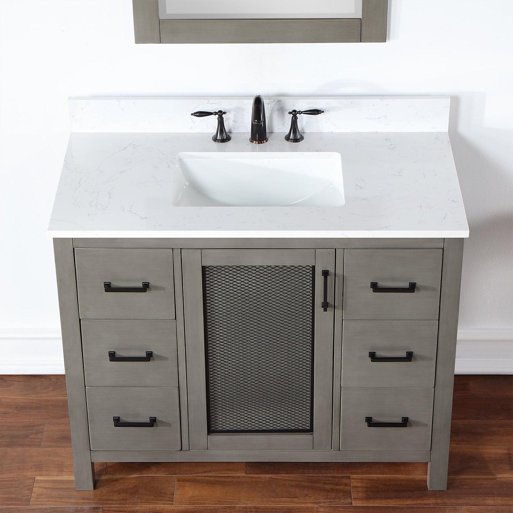 Altair Hadiya 42" Single Gray Pine Freestanding Bathroom Vanity Set With Mirror, Elegant Aosta White Composite Stone Top, Rectangular Undermount Ceramic Sink, Overflow, and Backsplash