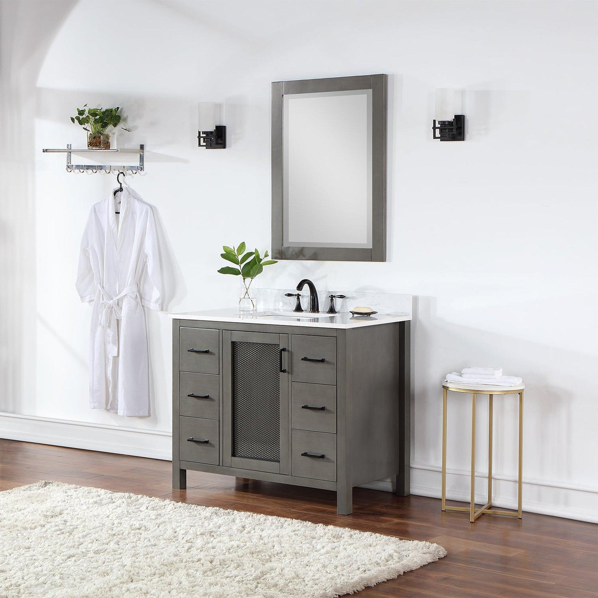 Altair Hadiya 42" Single Gray Pine Freestanding Bathroom Vanity Set With Mirror, Elegant Aosta White Composite Stone Top, Rectangular Undermount Ceramic Sink, Overflow, and Backsplash