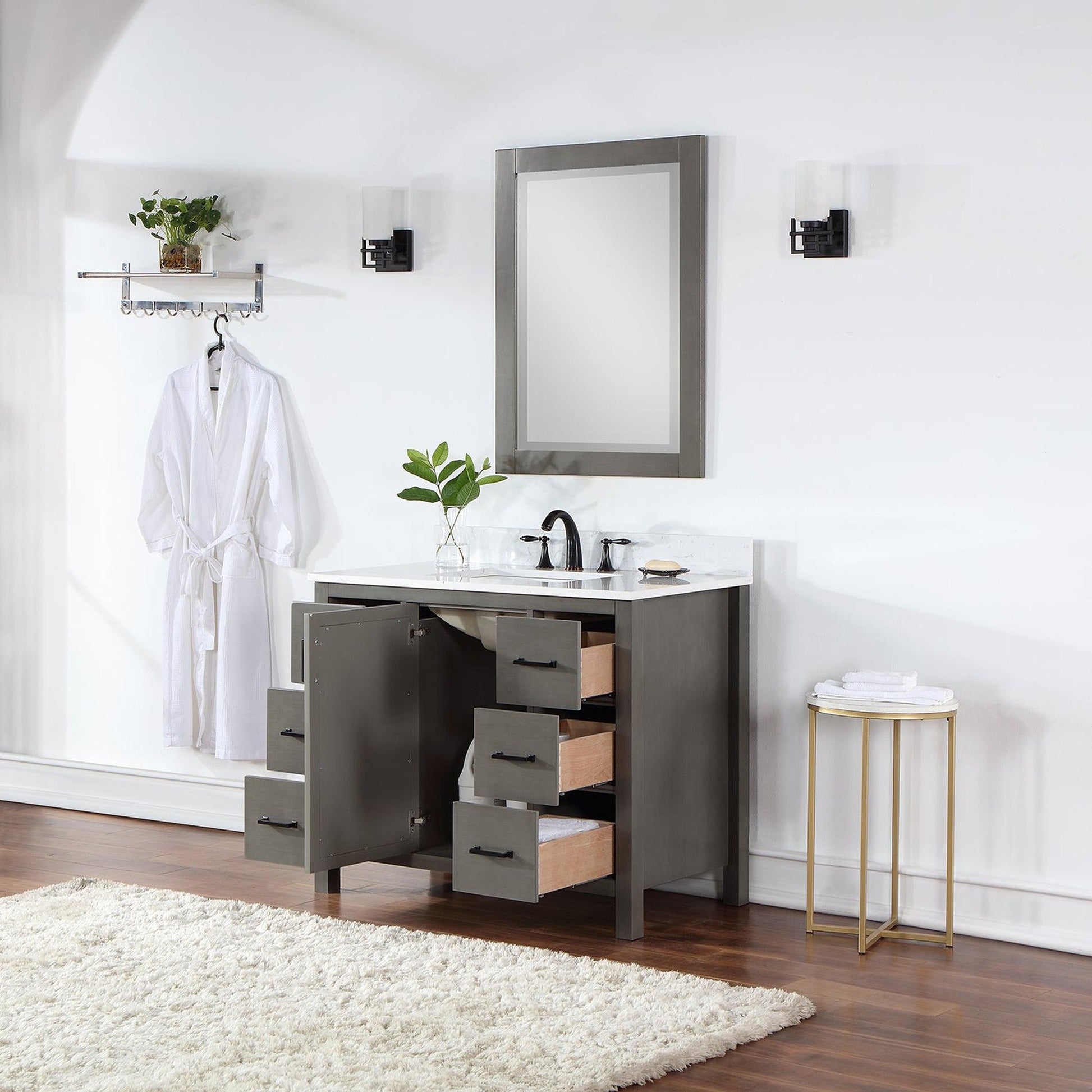 Altair Hadiya 42" Single Gray Pine Freestanding Bathroom Vanity Set With Mirror, Elegant Aosta White Composite Stone Top, Rectangular Undermount Ceramic Sink, Overflow, and Backsplash