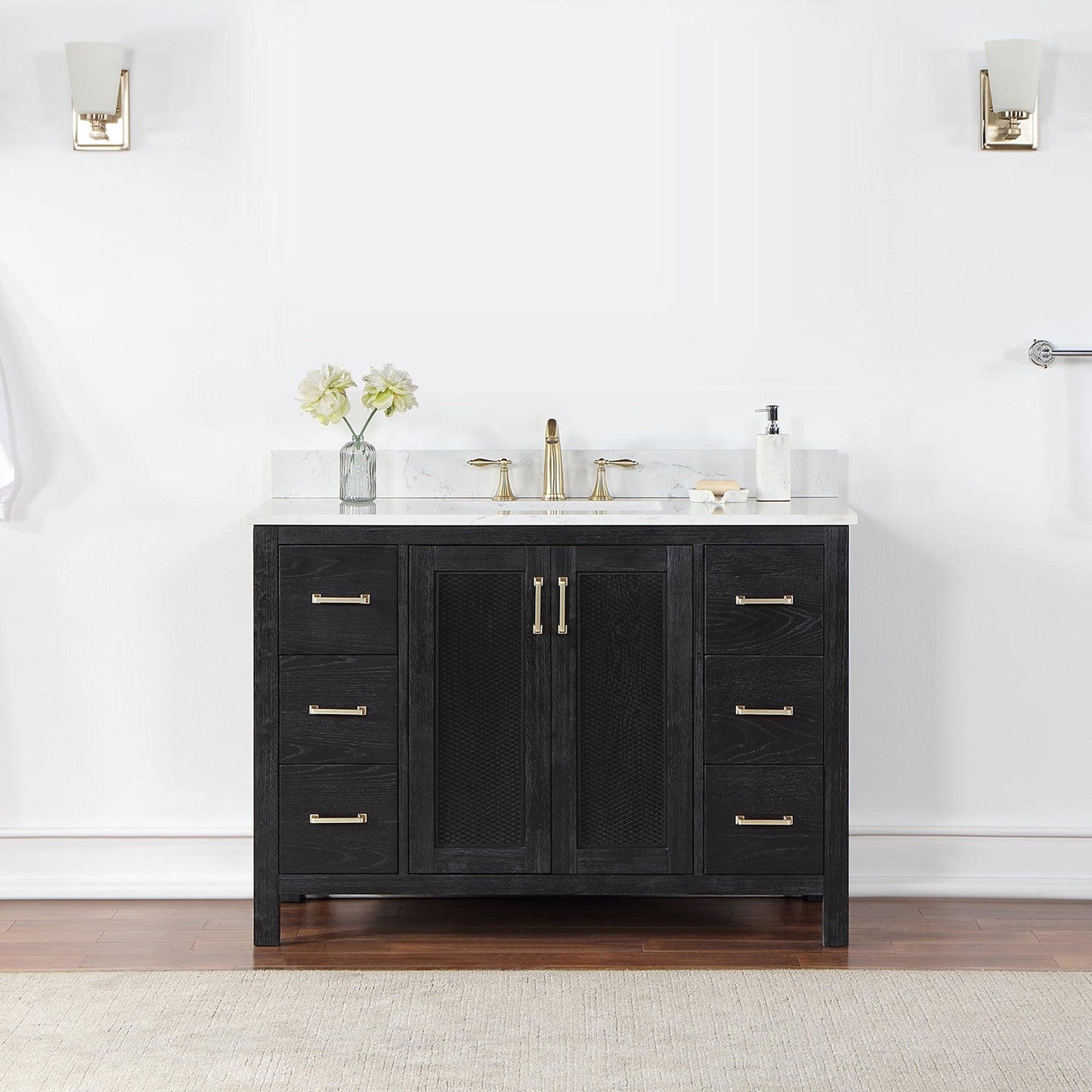 Altair Hadiya 48" Single Black Oak Freestanding Bathroom Vanity Set With Elegant Aosta White Composite Stone Top, Rectangular Undermount Ceramic Sink, Overflow, and Backsplash