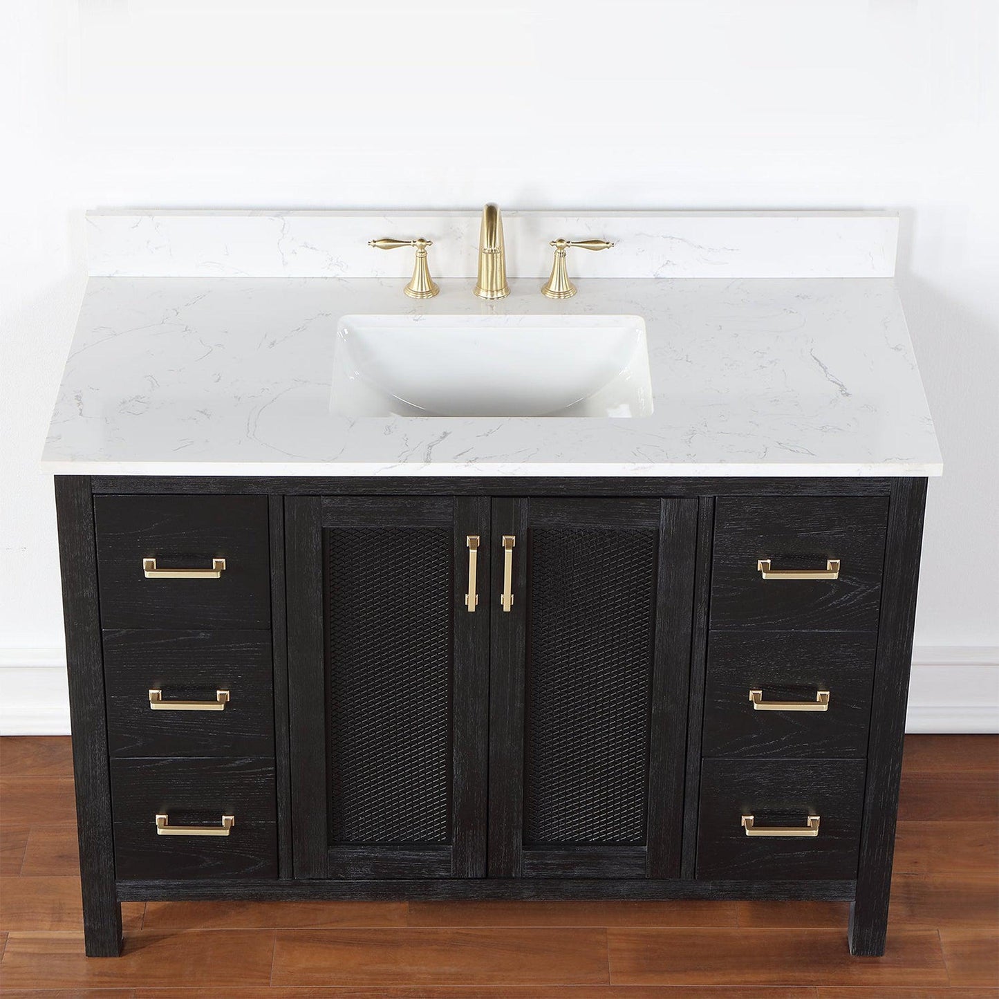 Altair Hadiya 48" Single Black Oak Freestanding Bathroom Vanity Set With Elegant Aosta White Composite Stone Top, Rectangular Undermount Ceramic Sink, Overflow, and Backsplash