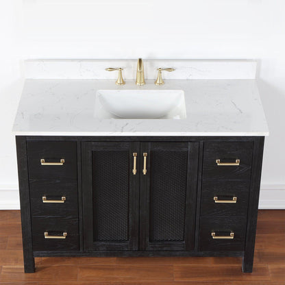 Altair Hadiya 48" Single Black Oak Freestanding Bathroom Vanity Set With Elegant Aosta White Composite Stone Top, Rectangular Undermount Ceramic Sink, Overflow, and Backsplash