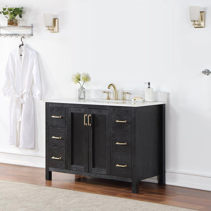 Altair Hadiya 48" Single Black Oak Freestanding Bathroom Vanity Set With Elegant Aosta White Composite Stone Top, Rectangular Undermount Ceramic Sink, Overflow, and Backsplash