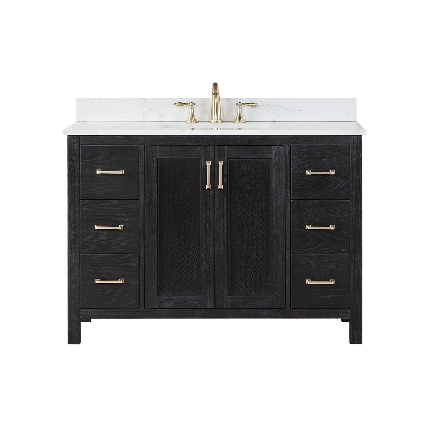 Altair Hadiya 48" Single Black Oak Freestanding Bathroom Vanity Set With Elegant Aosta White Composite Stone Top, Rectangular Undermount Ceramic Sink, Overflow, and Backsplash