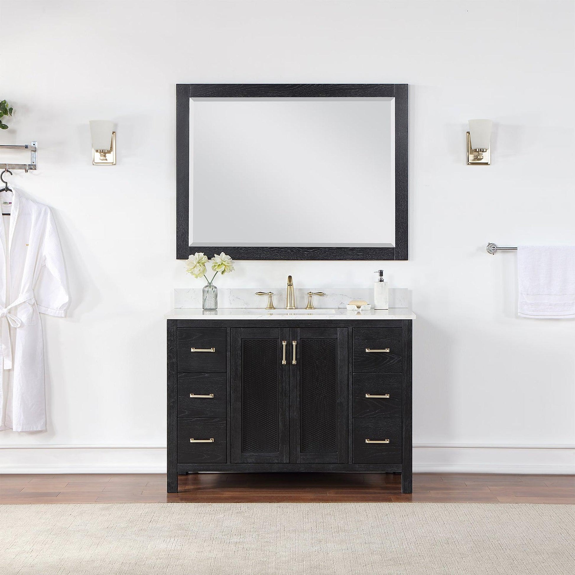 Altair Hadiya 48" Single Black Oak Freestanding Bathroom Vanity Set With Mirror, Elegant Aosta White Composite Stone Top, Rectangular Undermount Ceramic Sink, Overflow, and Backsplash