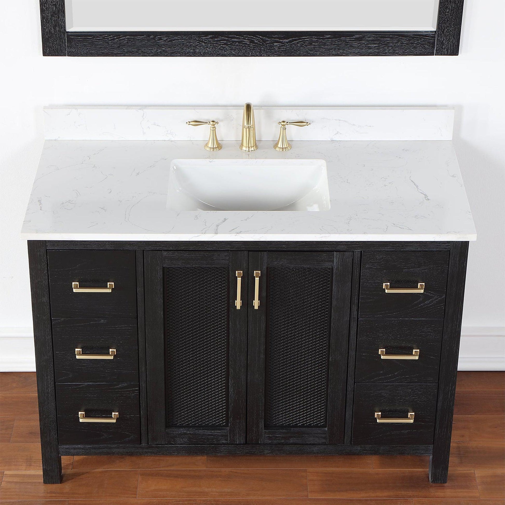 Altair Hadiya 48" Single Black Oak Freestanding Bathroom Vanity Set With Mirror, Elegant Aosta White Composite Stone Top, Rectangular Undermount Ceramic Sink, Overflow, and Backsplash