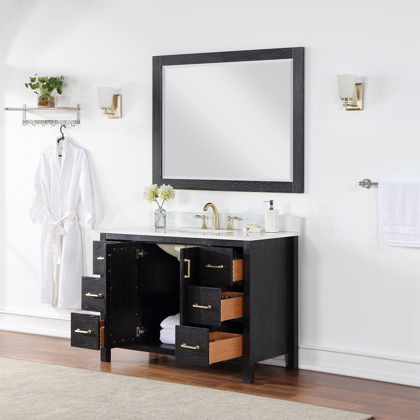 Altair Hadiya 48" Single Black Oak Freestanding Bathroom Vanity Set With Mirror, Elegant Aosta White Composite Stone Top, Rectangular Undermount Ceramic Sink, Overflow, and Backsplash