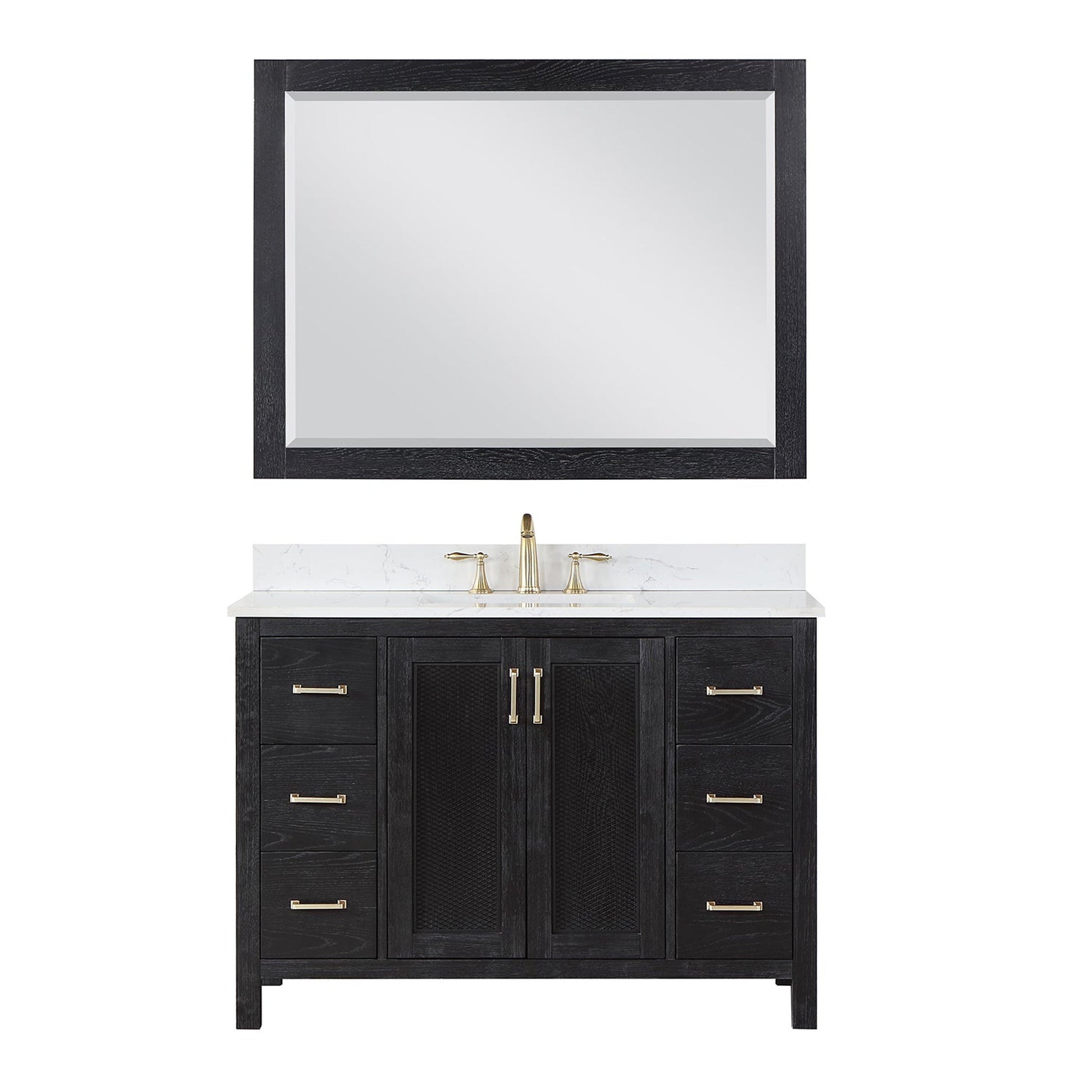 Altair Hadiya 48" Single Black Oak Freestanding Bathroom Vanity Set With Mirror, Elegant Aosta White Composite Stone Top, Rectangular Undermount Ceramic Sink, Overflow, and Backsplash
