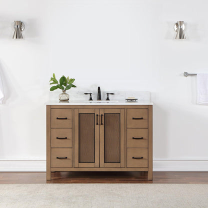 Altair Hadiya 48" Single Brown Pine Freestanding Bathroom Vanity Set With Elegant Aosta White Composite Stone Top, Rectangular Undermount Ceramic Sink, Overflow, and Backsplash