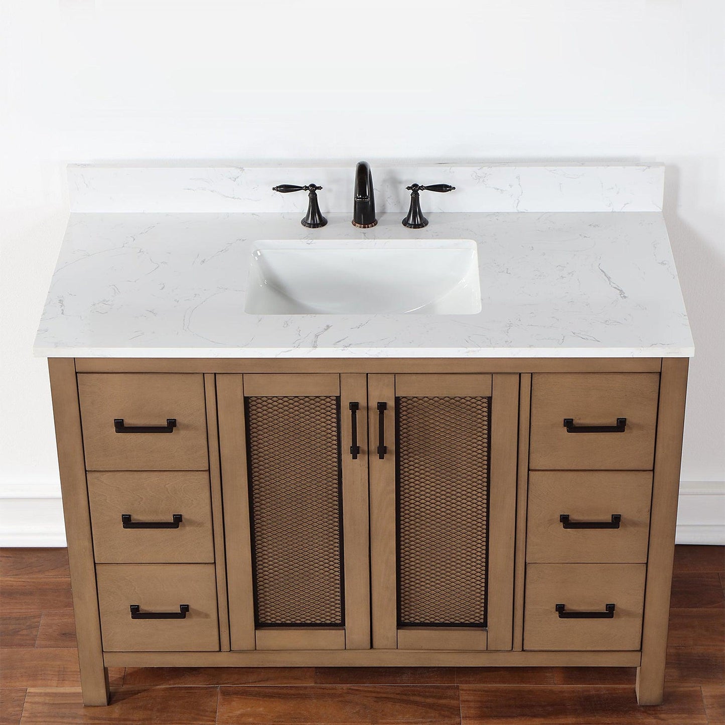 Altair Hadiya 48" Single Brown Pine Freestanding Bathroom Vanity Set With Elegant Aosta White Composite Stone Top, Rectangular Undermount Ceramic Sink, Overflow, and Backsplash