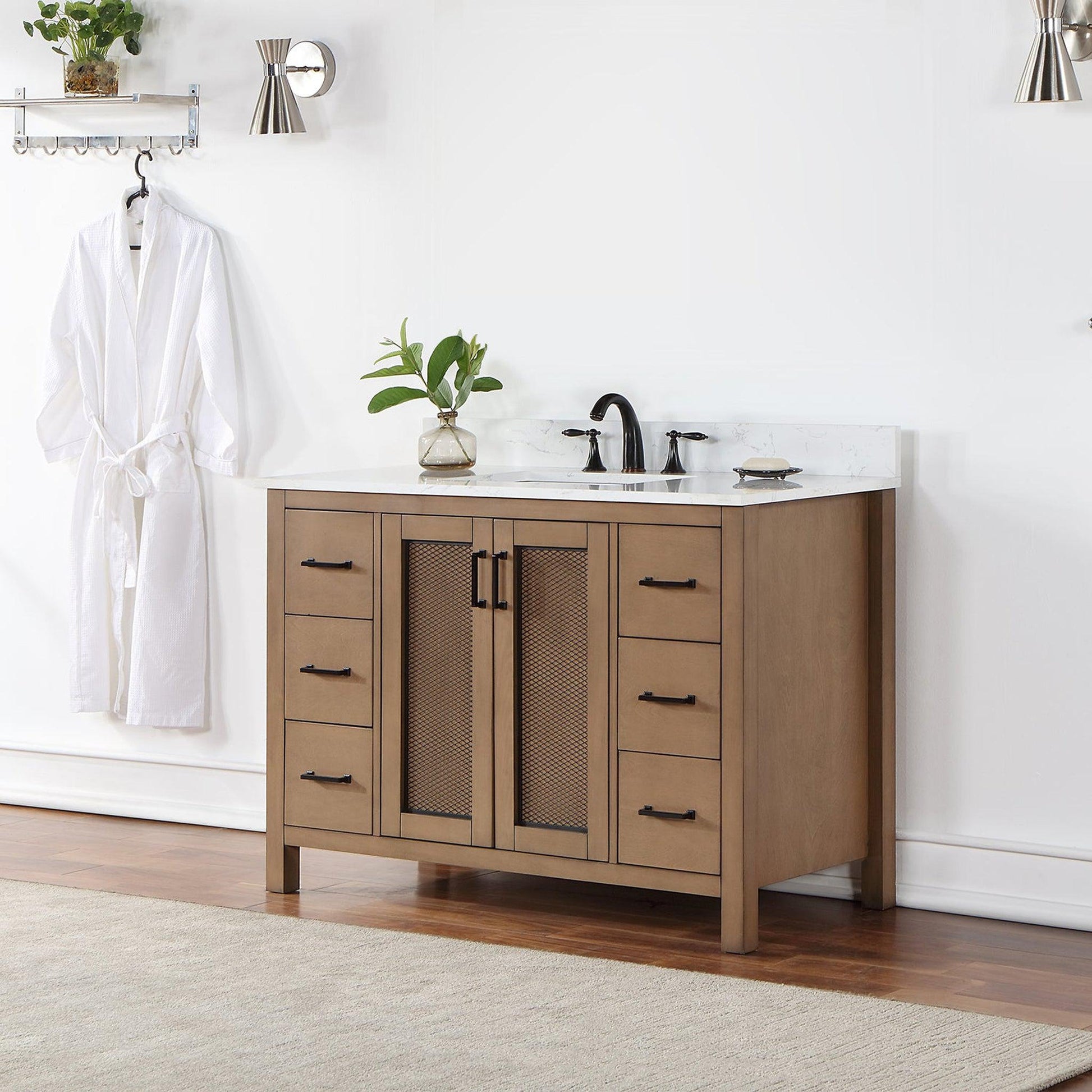 Altair Hadiya 48" Single Brown Pine Freestanding Bathroom Vanity Set With Elegant Aosta White Composite Stone Top, Rectangular Undermount Ceramic Sink, Overflow, and Backsplash