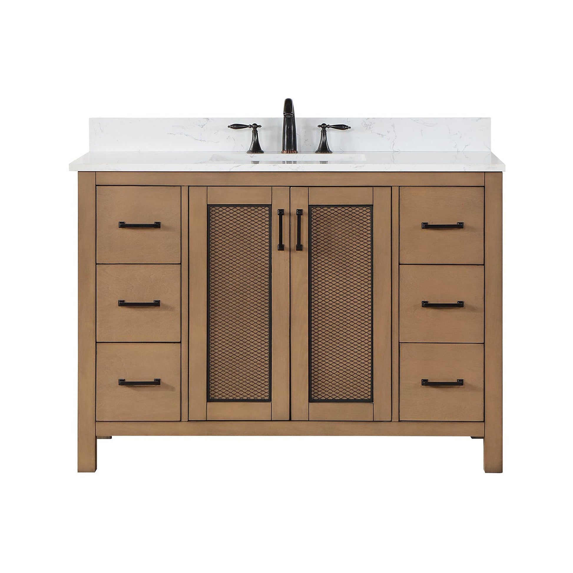 Altair Hadiya 48" Single Brown Pine Freestanding Bathroom Vanity Set With Elegant Aosta White Composite Stone Top, Rectangular Undermount Ceramic Sink, Overflow, and Backsplash