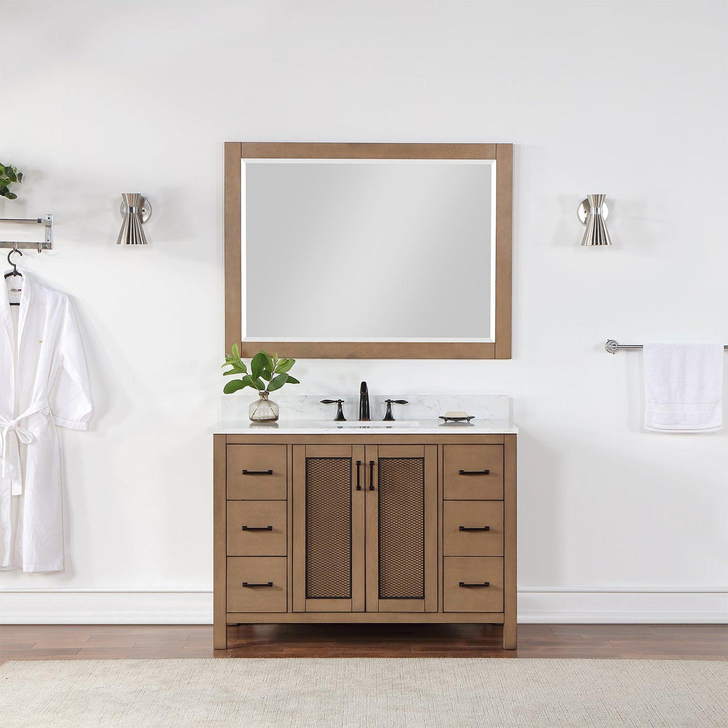 Altair Hadiya 48" Single Brown Pine Freestanding Bathroom Vanity Set With Mirror, Elegant Aosta White Composite Stone Top, Rectangular Undermount Ceramic Sink, Overflow, and Backsplash