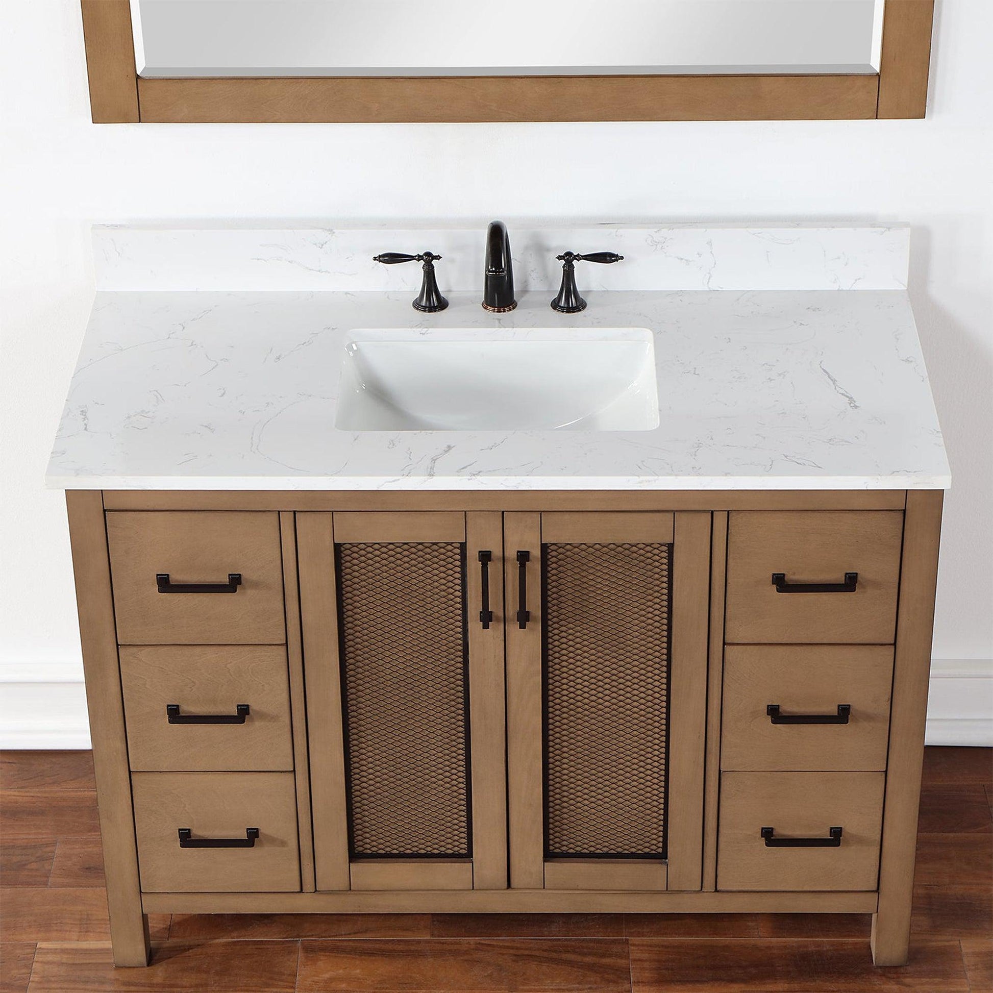 Altair Hadiya 48" Single Brown Pine Freestanding Bathroom Vanity Set With Mirror, Elegant Aosta White Composite Stone Top, Rectangular Undermount Ceramic Sink, Overflow, and Backsplash