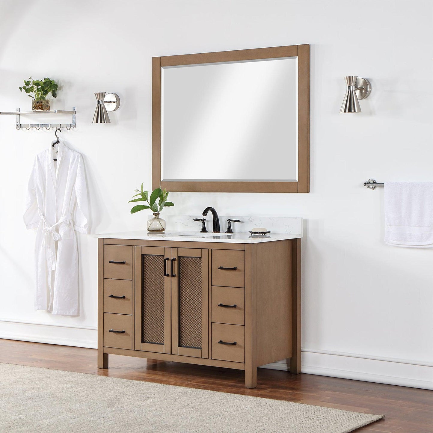 Altair Hadiya 48" Single Brown Pine Freestanding Bathroom Vanity Set With Mirror, Elegant Aosta White Composite Stone Top, Rectangular Undermount Ceramic Sink, Overflow, and Backsplash