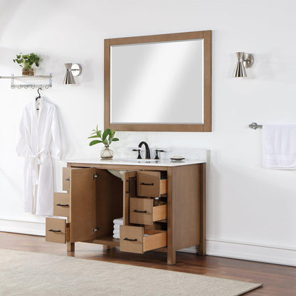 Altair Hadiya 48" Single Brown Pine Freestanding Bathroom Vanity Set With Mirror, Elegant Aosta White Composite Stone Top, Rectangular Undermount Ceramic Sink, Overflow, and Backsplash