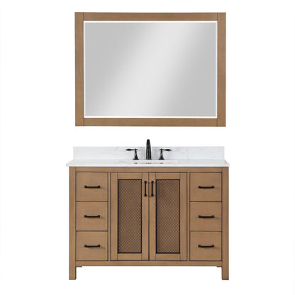 Altair Hadiya 48" Single Brown Pine Freestanding Bathroom Vanity Set With Mirror, Elegant Aosta White Composite Stone Top, Rectangular Undermount Ceramic Sink, Overflow, and Backsplash