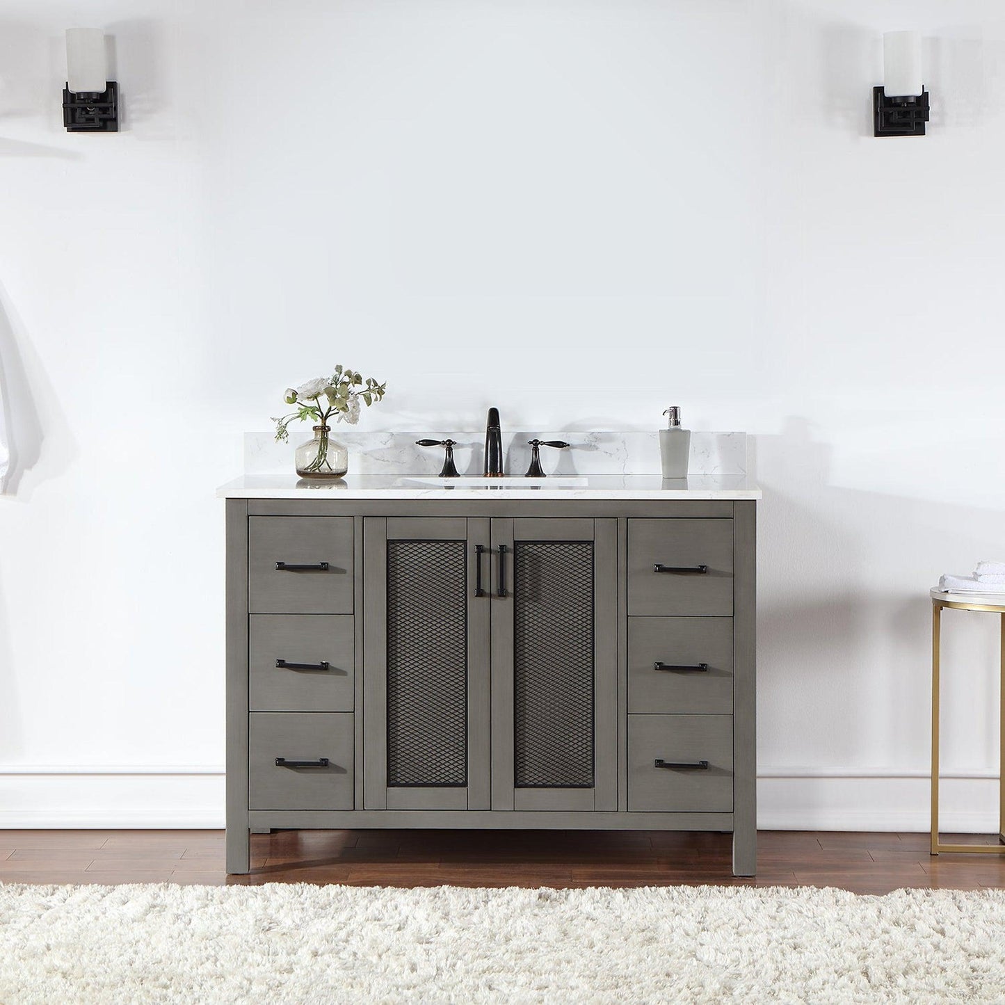 Altair Hadiya 48" Single Gray Pine Freestanding Bathroom Vanity Set With Elegant Aosta White Composite Stone Top, Rectangular Undermount Ceramic Sink, Overflow, and Backsplash