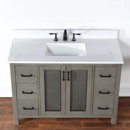 Altair Hadiya 48" Single Gray Pine Freestanding Bathroom Vanity Set With Elegant Aosta White Composite Stone Top, Rectangular Undermount Ceramic Sink, Overflow, and Backsplash