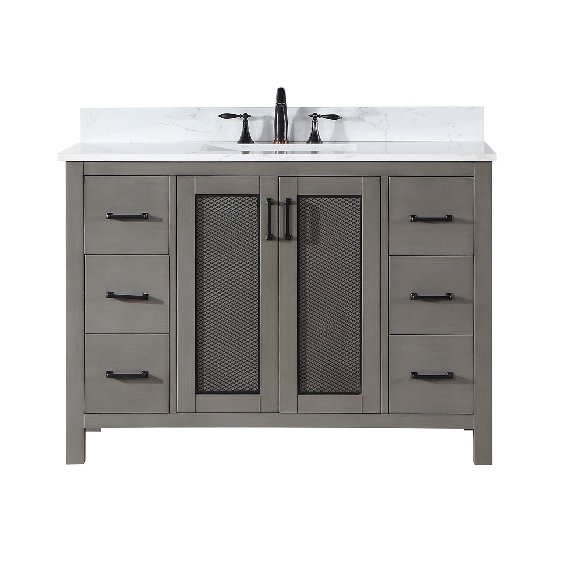Altair Hadiya 48" Single Gray Pine Freestanding Bathroom Vanity Set With Elegant Aosta White Composite Stone Top, Rectangular Undermount Ceramic Sink, Overflow, and Backsplash