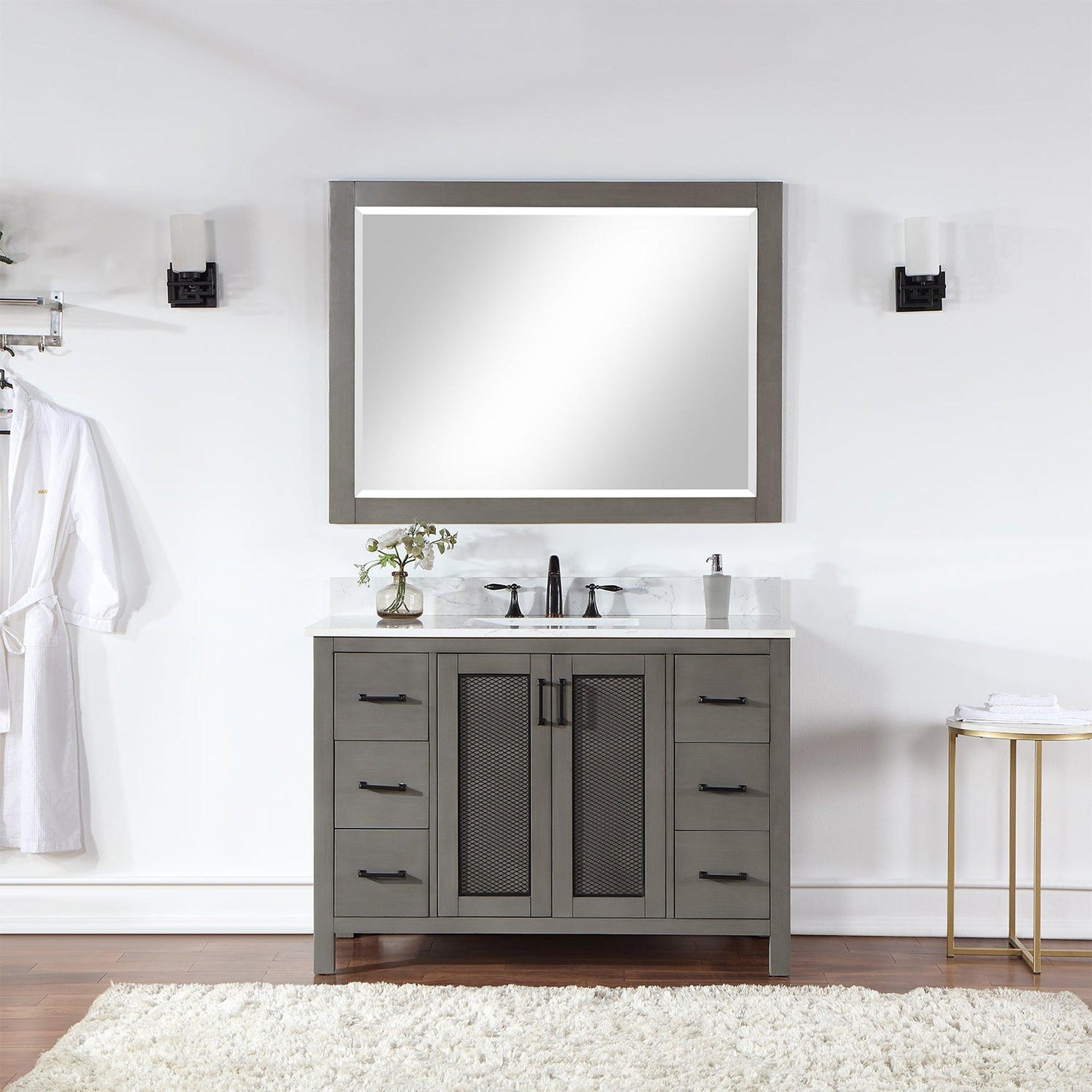 Altair Hadiya 48" Single Gray Pine Freestanding Bathroom Vanity Set With Mirror, Elegant Aosta White Composite Stone Top, Rectangular Undermount Ceramic Sink, Overflow, and Backsplash