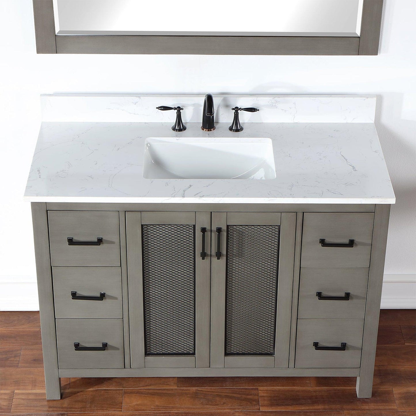 Altair Hadiya 48" Single Gray Pine Freestanding Bathroom Vanity Set With Mirror, Elegant Aosta White Composite Stone Top, Rectangular Undermount Ceramic Sink, Overflow, and Backsplash