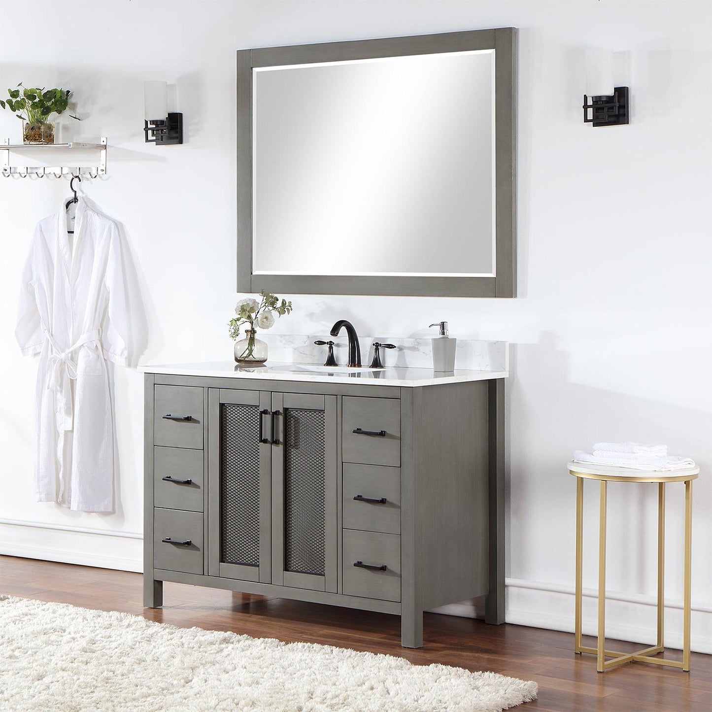 Altair Hadiya 48" Single Gray Pine Freestanding Bathroom Vanity Set With Mirror, Elegant Aosta White Composite Stone Top, Rectangular Undermount Ceramic Sink, Overflow, and Backsplash