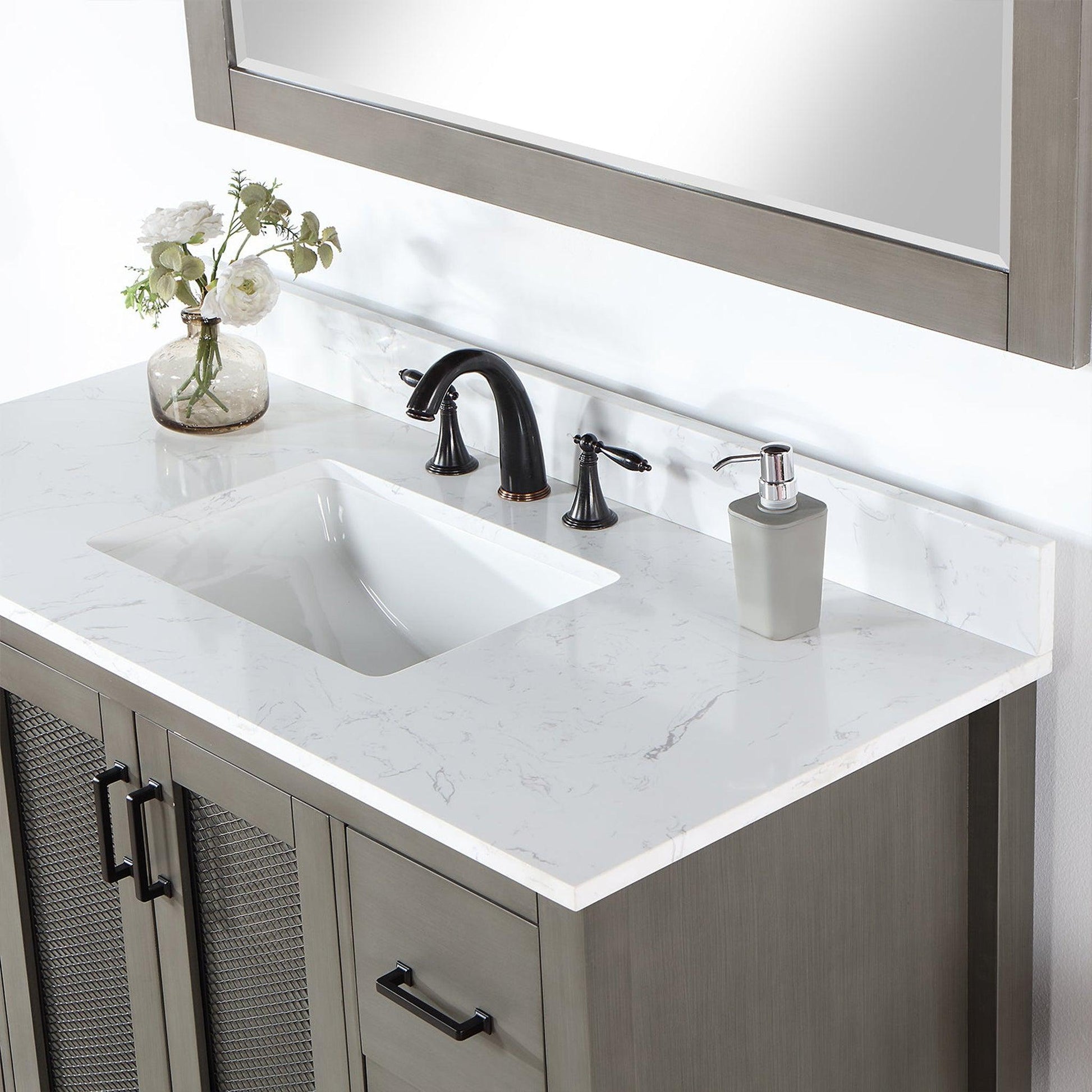 Altair Hadiya 48" Single Gray Pine Freestanding Bathroom Vanity Set With Mirror, Elegant Aosta White Composite Stone Top, Rectangular Undermount Ceramic Sink, Overflow, and Backsplash