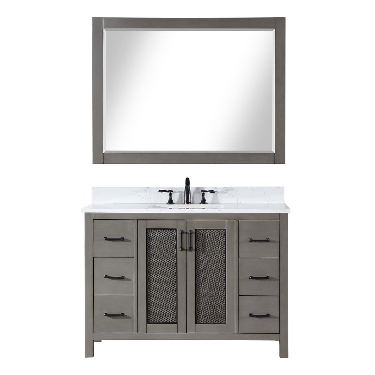 Altair Hadiya 48" Single Gray Pine Freestanding Bathroom Vanity Set With Mirror, Elegant Aosta White Composite Stone Top, Rectangular Undermount Ceramic Sink, Overflow, and Backsplash