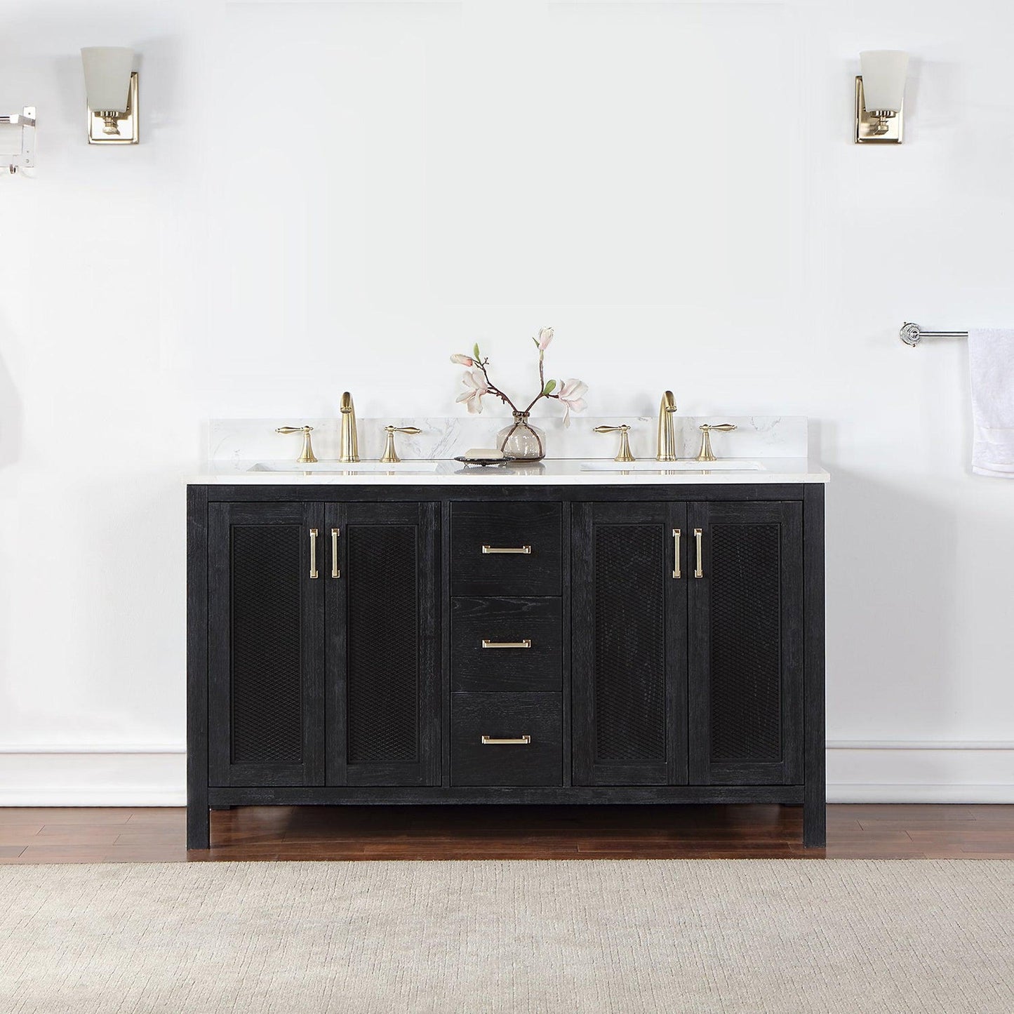 Altair Hadiya 60" Double Black Oak Freestanding Bathroom Vanity Set With Elegant Aosta White Composite Stone Top, Two Rectangular Undermount Ceramic Sinks, Overflow, and Backsplash