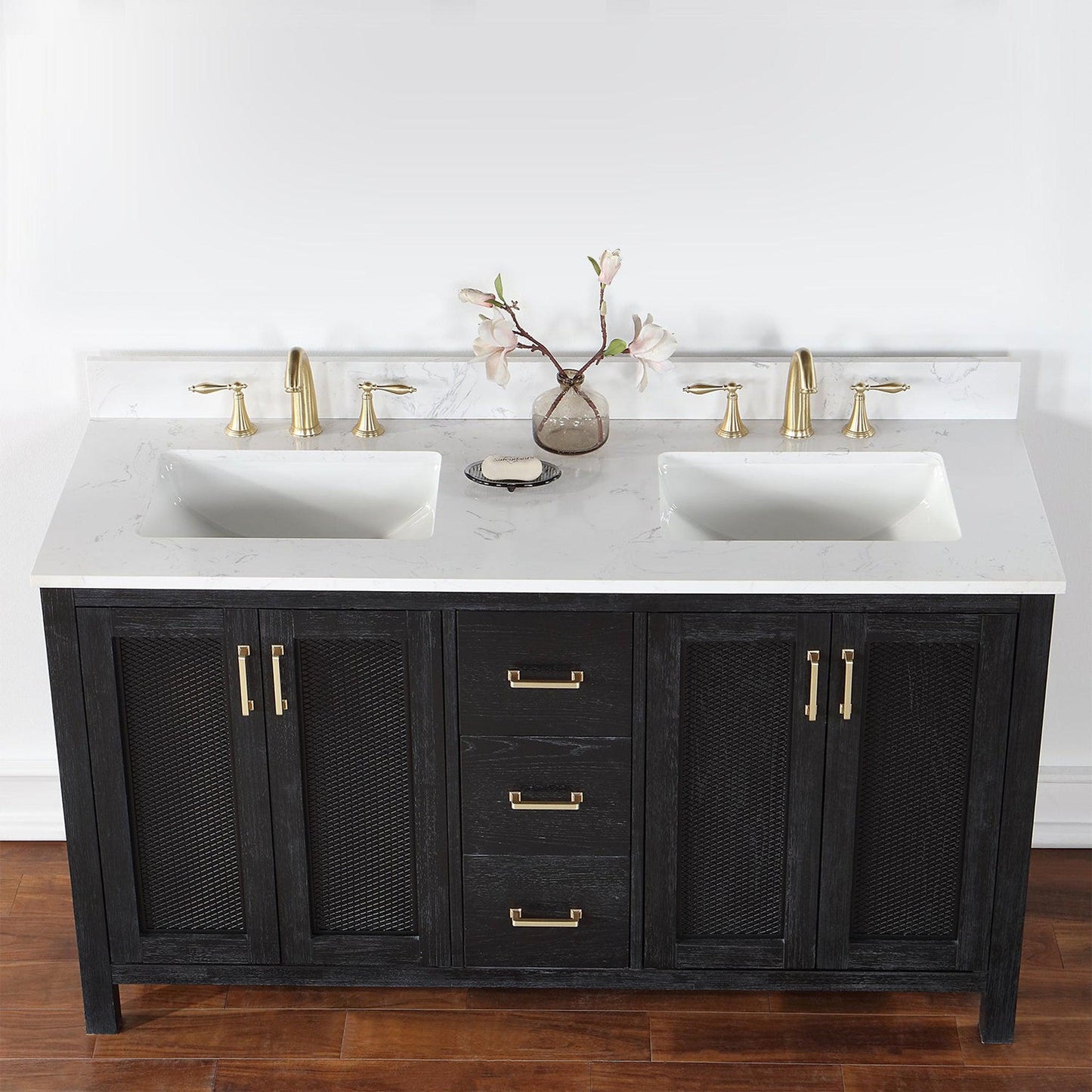 Altair Hadiya 60" Double Black Oak Freestanding Bathroom Vanity Set With Elegant Aosta White Composite Stone Top, Two Rectangular Undermount Ceramic Sinks, Overflow, and Backsplash